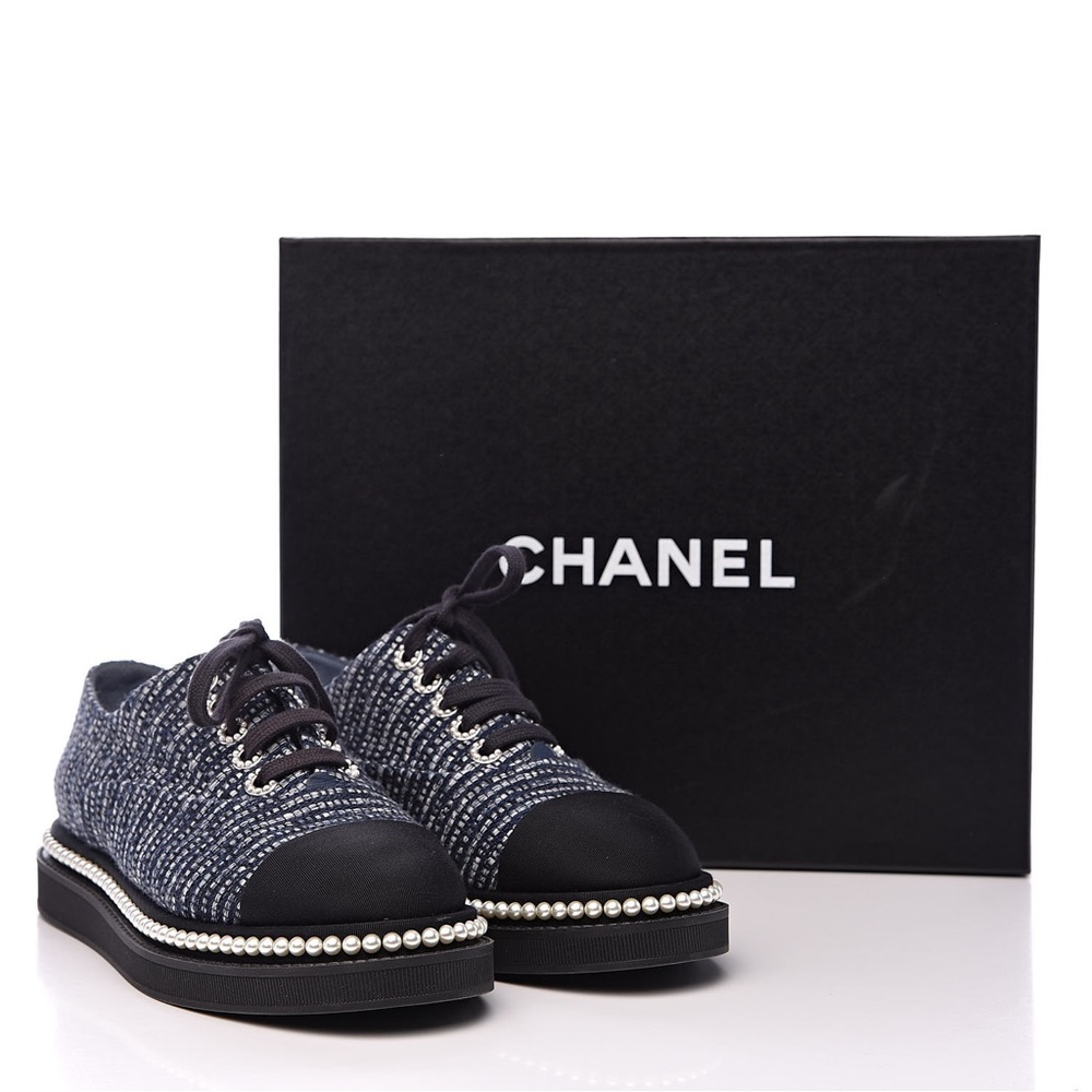 CHANEL Denim Tweed Grosgrain Camellia Pearl Lace Up Sneakers Size 40
